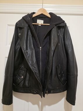 Caslon Black Leather Jacket with Hooded Insert - Moto Style